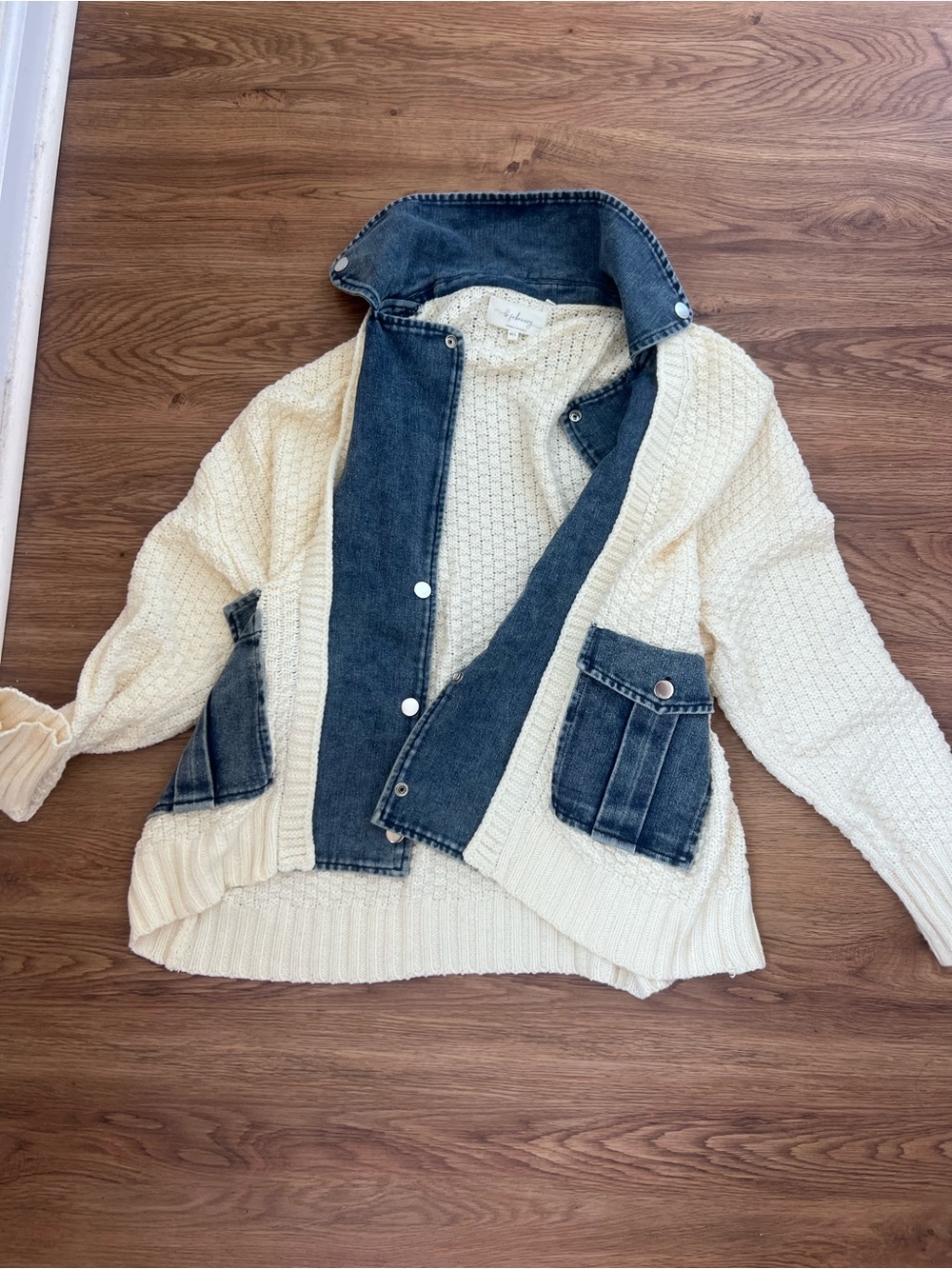 Cream Knit Sweater with Denim Trim